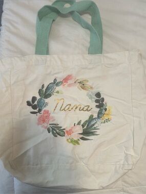 Nana Floral Wreath Canvas Tote in Mint Handles